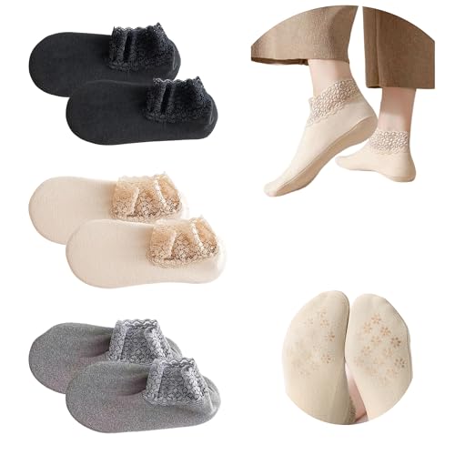 Image of SooGree 3Pairs Lace Socks No Show Frilly Ankle Socks Knit Cotton Socks Non Slip Low Cut Socks for Women Lace Floor Socks