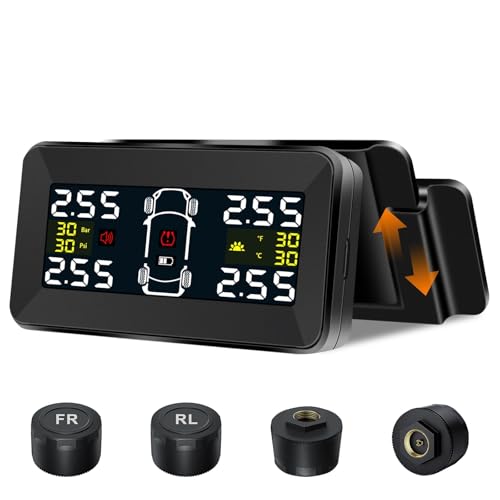 Airpuxem TPMS Reifendruckkontrollsystem 4/2 Rad-Modi mit Abnehmbare Halterung 0,01 Bar Solar/Typ-C Ladung Reifendruckkontrollsystem mit 6 Alarm-Modus mit 4 Externe Reifendrucksensor für 21-87Psi