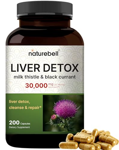 Liver Detox Supplements – 200 Capsules with Milk Thistle 30,000mg & Black Currant | Natural Active Silymarin – Extra Strength 60:1 Extract – Herbal Cleanse & Repair Support – Non-GMO