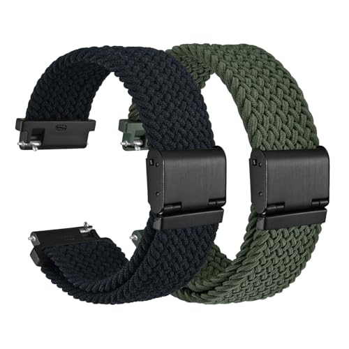 WOCCI 2 Paquets Bracelets Montre en Nylon Tressé pour Homme et Femme, Libération Rapide, Compatible Cosse de Montre 18mm 20mm 22mm 24mm, Noir+Vert Kaki, 22mm, Tropical