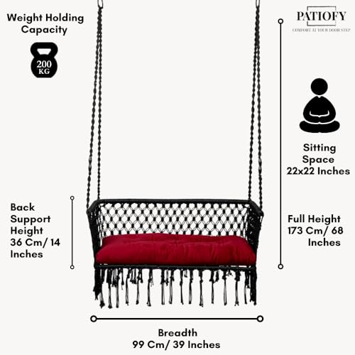 Image of Patiofy Double Seater Swing Chair with Arm Rest /Hanging Hammock Swing Chair for 2 People /Jhula for Adults / 2 Seater Swing for Balcony /Hanging Kit & Cushion Included- Black