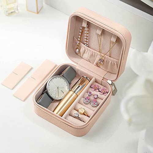 Image of Portable Travel Jewelry Box, Pink PU Leather Jewelry Organizer Case with Zipper, 10x10x5cm Storage Container for Rings, Earrings, Necklaces, Small Accessories
