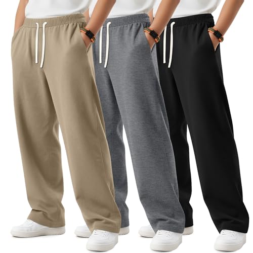 LessonZoo 3 Pack Boys Sweatpants Kids Casual Open Bottom Pants Teen Straight Leg Athletic Drawstring Joggers with Pockets(Khaki, Mix Gray, Black,13-14 Years) by LessonZoo - Used condition - US$24.94