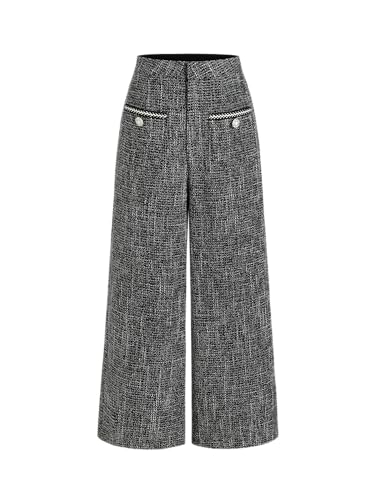 CIDER Tweed Mid Waist Solid Button Wide Leg Trousers: Black, XXS