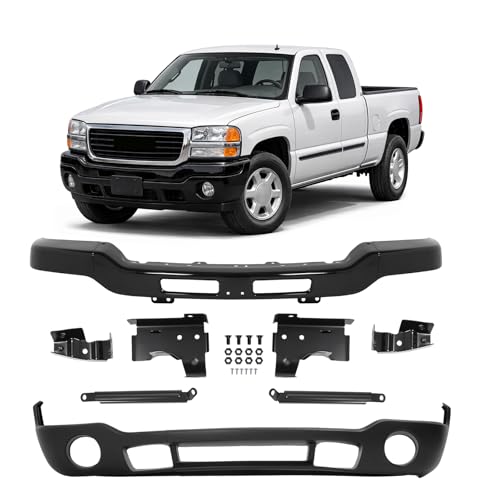 ALMULOO Front Bumper+Lower Valance+Brackets Compatible with 2003-2007 GMC Sierra 1500/2500/3500(HD/HD Classic) Steel+Plastic Painted+Chrome+Electrophoresis GM1002464 GM1000684 12335963 88979837