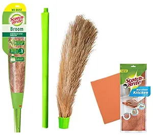 Scotch-Brite No-Dust Fiber Broom (Multi-Purpose, Green) & Microfiber Kitchen Wipe (Orange) Combo
