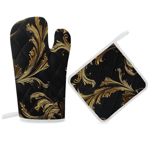 Oven Mitts and Pot Holders Black and Gold Kitchen Oven Glove Pot Holders Sets Heat Resistant Oven Gloves and Hot Pads Cute Oven Mitts for Cooking Grilling