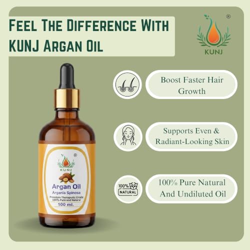 Image of KUNJ Argan Oil for Hair, Face, Skin & Nails 100ml - 100% Pure & Natural Cold Pressed Undiluted Carrier Oil | Helps Moisturize Skin, Nourish Hair, Control Frizz & Add Shine | Lightweight Beauty Oil