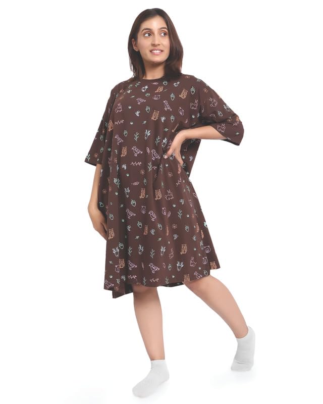 Image of LAMA STORE Women's Printed Oversized T-Shirt Dress, Cotton, 3 /4 Sleeve Length, Casual Loose Fit, Comfort Wear Extra Comfy Oversized Printed Pocket T-Shirt Dress