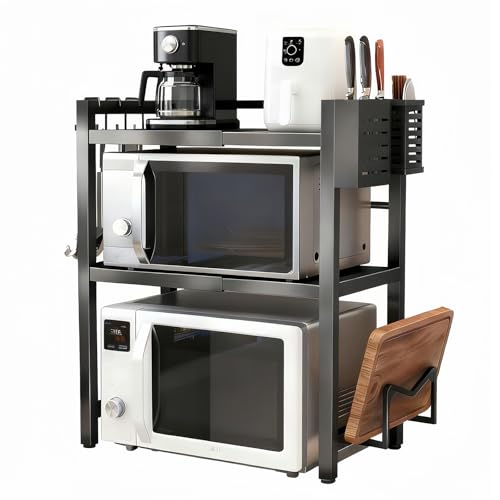 Adjustable Microwave Oven Rack, Microwave Stand Shelf Heavy Duty 3-Tier Shelf with Cutting Boards Stand Knife Rack and Chopstick Holder for Kitchen Shelves Counter Top Organizer, Holds 55lbs,6 Hooks