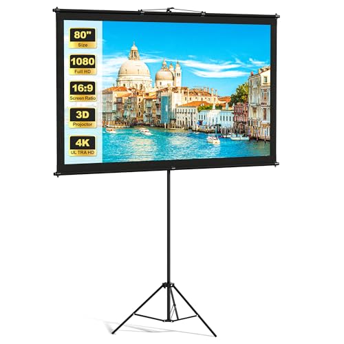 Image of Portable Projector Screen with Tripod Stand, Indoor and Outdoor Movie Screen, 80in Projection Screen, 16:9 Mobile Home Theater Background Screen, 4K Display Washable Pleat-Free Polyester Screen