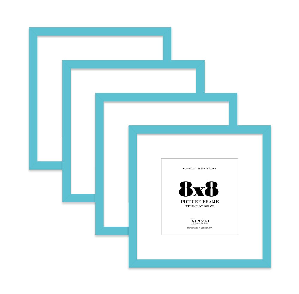 8x8 Turquoise Picture Frame with Mount for 6x6 Photos, Prints - Modern Square Wall Frame, Set of 4
