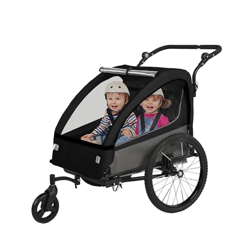 Sepnine 2-in-1 Kids Bike Trailer and Stroller with Suspension – Bike Trailer for 1 to 2 Children, Jogging Function, Foldable, 5-Point Harness, Spacious Storage, with Bug Screen and Weather Shield