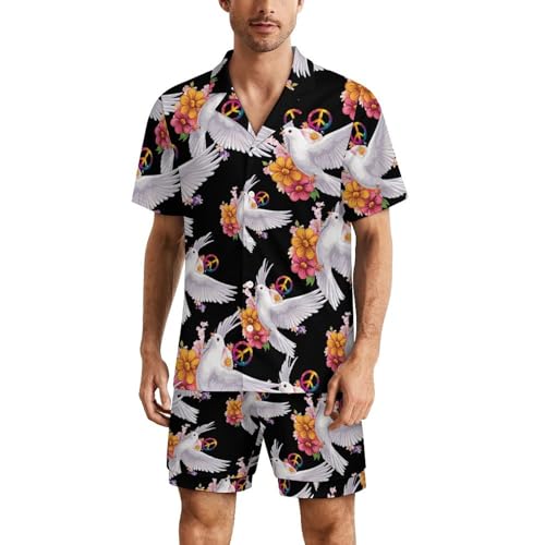 Peace Sign Dove White Pigeon Flowers Mens Pajamas Set Short Sleeve Shirt And Shorts Sleepwear PJ Sets Loungewear