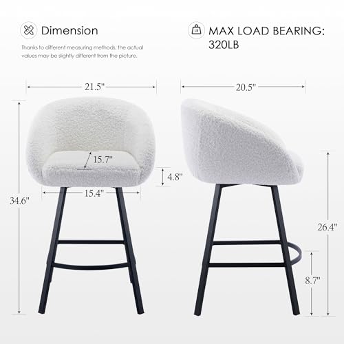 Image of Zesthouse Swivel Counter Stools Set of 2, 26 inch Modern Bar Stools for Kitchen | Barrel barstools with backs & arms, upholstered black sherpa fabric, metal stool chairs for kitchen island, easy to install