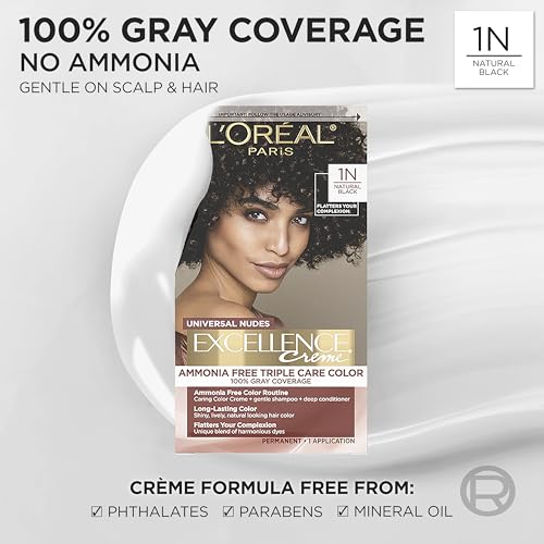 Image of L'Oreal Paris Excellence Universal Nudes Permanent Hair Color, Ammonia Free Hair Dye for Gray Hair Coverage, 1N Natural Black, 1 Hair Dye Kit