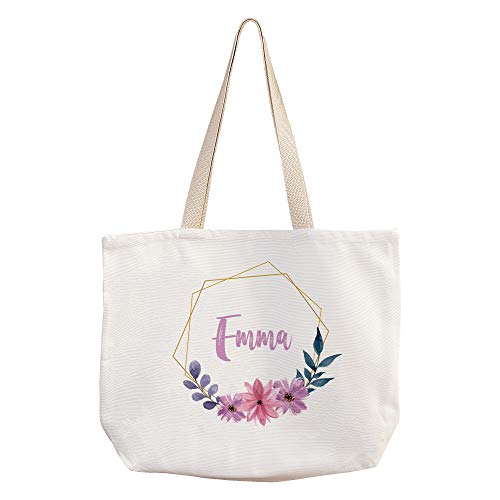 LolaPix Sac a Main Femme Fleuri Personnalisé avec Prénom/Texte. Cadeaux Personnalisés. Tissu de Type Canvas. Divers Modèles à Choisir. 40x33cm. Fleurs Violettes Cover