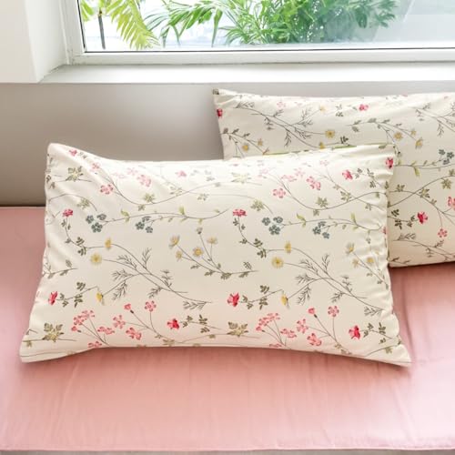 Michorinee Single Duvet Cover Set 100% Cotton Beige Pink Ditsy Flowers & Green Leaves Reversible Bedding 2pc Aesthetic Floral Quilt Cover 135x200 cm - Image 4