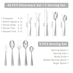 KINGSTONE Silverware Set 65 Piece Flatware Set for 12 1810 Stainless Steel Cutlery Set with Bead Edge Utensil for Kitchen Home Party Wedding Mirror Polished Dishwasher Safe Featured Gifts
