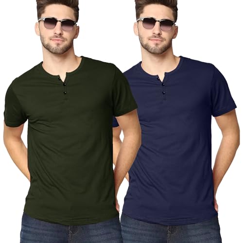 Image of LAZYCHUNKS Henley Neck Men's Cotton Half Plain Sleeves Slim Fit T-Shirt | Round Neck Men's Tshirt | Solid Colors | Summer Wear | - Multicolor