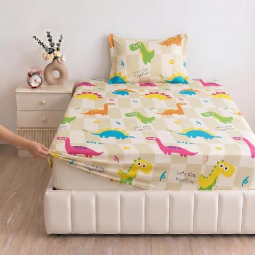 Image of Filymore Green Dino Elastic Fitted 3-Piece Kids Bedding Set - Single Bed Comforter with Matching Fitted Single Bedsheet & Pillow Cover - Soft Design for Children's Room(Peach and White)(90X60) inch