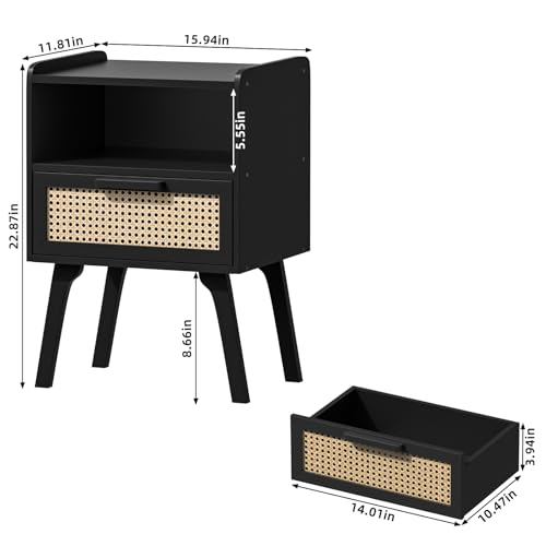 Image of Lerliuo Rattan Nightstand, Bedside Table with Drawer Open Shelf, Cane Accent Side End Table with Solid Wood Legs, Black Mid Century Night Stand for Bedroom, Dorm and Small Spaces