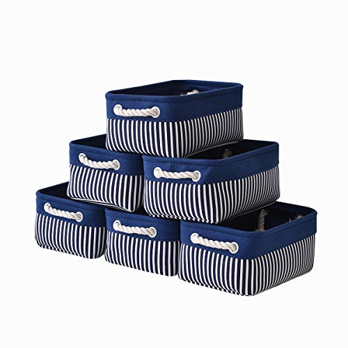 TcaFmac Small Storage Baskets [6 Pack] Baskets for Organizing, Baskets for Gifts Empty, Decorative Storage Baskets, Rectangular Storage Bins, Navy Blue Baskets for Shleves, Closet(Blue Stripes)