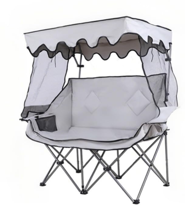 Silla de camping plegable para 2 personas con toldo ajustable, parasol lateral deslizable, respaldo alto ergonómico y portavasos para exteriores, playa, pesca, picnic (gris)