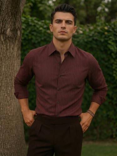 Image of Foomer Maroon Solid Self Design Opaque Party Men's Shirt