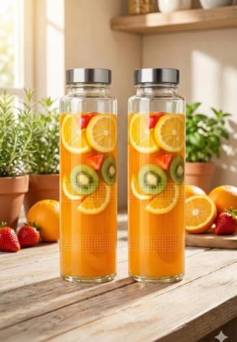 Image of 750 ML Glass Water Bottle with Stainless Steel Leakproof Lid | BPA Free Transparent Glass Bottle | Reusable Fridge Water Bottle for Home, Office, Gym & Travel | Wide Mouth Drinking Bottle (Pack Of 2)