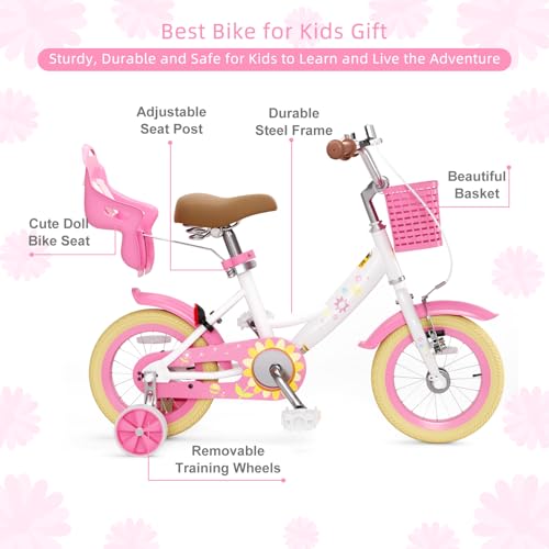 Image of Glaf Toddler Girls Bike for Age 2-9 Years 12 14 16 20 Inch Kids Bike | Girls Bicycle,Toddler Bike,Doll Seat, Basket, Adjustable Seat, Bell,