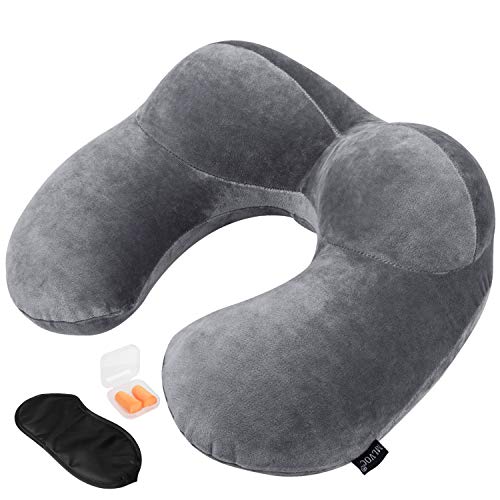 MLVOC Travel Pillow, Inflatable Neck Pillow with Ear Plugs, Eye Mask and Drawstring Bag, Grey