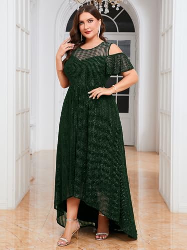 Image of ZOMVA Plus Size Sparkly Mesh Maxi Dress Cold Shoulder Ruffle Sleeve High Low A Line Dresses Wedding Guest Cocktail Party