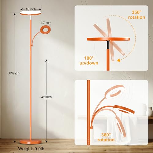 Image of marctronic Orange Floor Lamp, 42W 4000LM Super Bright LED Lamp with Reading Light for Living Room Bedroom Office, Touch Control, Dimmable Standing Lamp with Remote