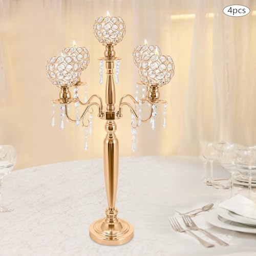 4 Pcs 5 Arm Crystal Candelabra Centerpieces for Tables, Candle Holders for Wedding Party Events Party Ceremony (Gold)