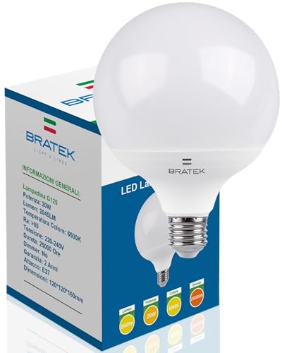 Bratek 1 Lampadina Led E27 Luce Fredda 6500k 20w 2045 Lumen - Lampadina Globo LED E27 Grande G125 - Lampada Globo Equivalente 175w a Incandescenza o 150w Alogene