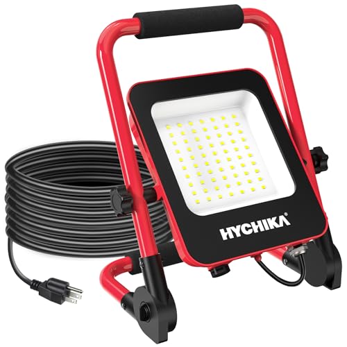 HYCHIKA 50W LED Work Light, 5500 Lumen Portable Flood Lights with Stand, 5000K Daylight for Outdoor, Indoor, Car Repair, Work Shop, Construction Site, Job Site