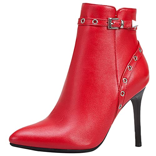 Lroey Reoly Botines Mujer Tacón de Aguja, Botines de Fiesta Tacón Alto Puntiagudo Botín Zip 156 Rojo Talla 41 EU
