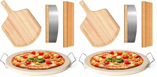 5 PCS Round Pizza Stone Set, 13" Pizza Stone for Oven and Grill with Pizza Peel(OAK),Serving Rack, Pizza Cutter & 10pcs Cooking Paper for Free, Baking Stone for Pizza, Bread (Pack of 2)