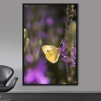Framed Canvas Wall Art Butterfly Expressive Farmhouse/Country Home Office Insects Lake Multicolor Photography - 16x24 inches