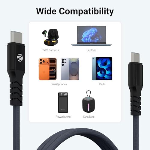 Image of Zebronics Type C - Type C Magnetic Braided Cable, 60 Watts, Upto 480Mbps Data Sync, Fast Charging, 1 M, Compatible with iPhone 15 & 16 Series, iPad, MacBook, Samsung, Android (Wattz 60MCC1, Dark Blue)