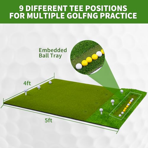LotFun 5x4ft Dual-Turf Golf Mat with Embedded Ball Tray, Thicken Golf Hitting Mat, Practice Mat with 9 Golf Balls 9 Tee for Hitting, Driving, Chipping, Swing in Backyard, Garage or Basement - Image 3