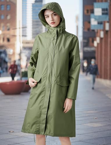 ANYOO Wasserdichter Regenmantel für Damen, Regenjacke mit Kapuze, leichter langer Regenmantel, Windjacke, Trenchcoat, Armeegrün, Einheitsgröße