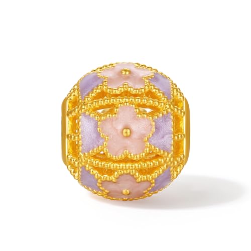 24K Solid Gold Charm Bracelets Pure Gold Flower Ball Amethyst Bead Beacelet Purple Crystal Dainty Jewelry for Women Her Anniversary Birthday 6.7"/17CM A19147224