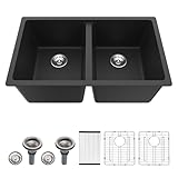 Dcolora 33 inch Quartz Matte Black Granite Composite Double Bowl Undermount Kitchen Sink Basin Deep 50/50 Split, DC-GU7761
