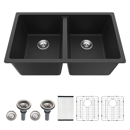 Dcolora 33 inch Quartz Matte Black Granite Composite Double Bowl Undermount Kitchen Sink Basin Deep 50/50 Split, DC-GU7761 by Dcolora - Used condition - US$123.54