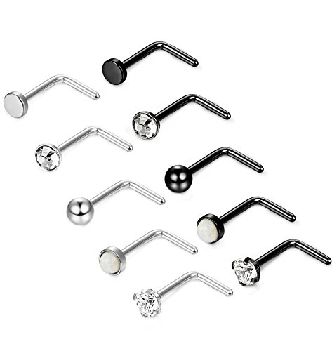 ORAZIO 10PCS 18G 316L Stainless Steel Nose Stud Rings L-Shape Labret Nose Studs Bone CZ Opal Piercing Jewelry Silver-tone and Black