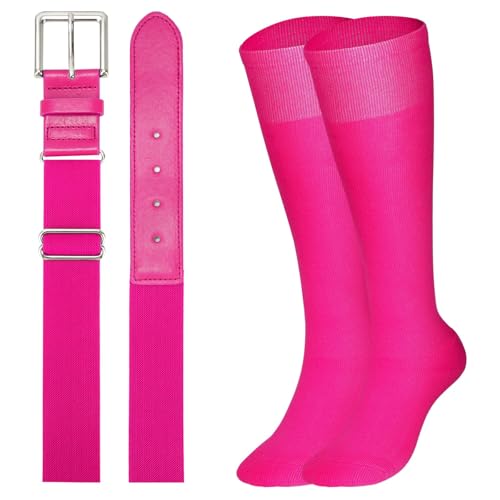XZQTIVE Baseball Softball Socks and Baseball Softball Belt Combo Set Knee-High Soccer Socks for Kids Youth Adult Pink
