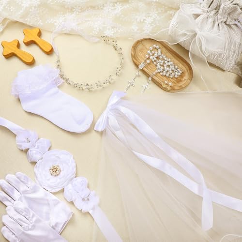 Quelay 9 Pcs First Communion Veil Set for Girls Catholic 1st Communion Veil Accessories Wreath Headpiece Crown Pearl Rosary Pouch Belt Necklace Bracelet White Gloves Sock for Kid Wedding 5