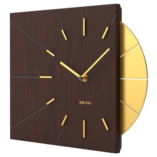 Driini Clocks Mid Century Modern Wall Clock - Square Wood Clock with Decorative Gold Accent- Unique and Cool Clock, Battery Operated - MCM Decor & Decorative Wall Clock for Mid Century Modern Decor.